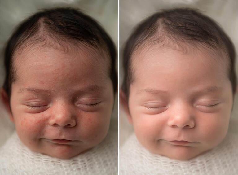 Newborn baby's face before and after retouching