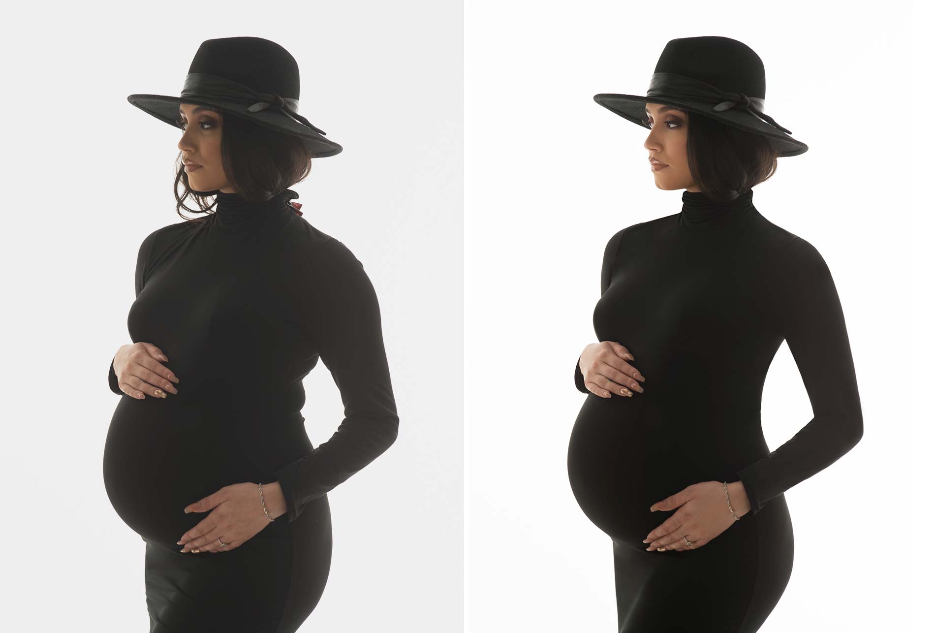 Pregnant woman in NYC studio before and after image editing