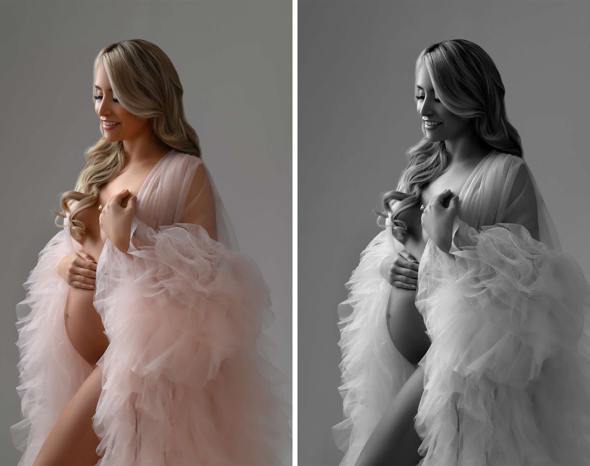 Color and B&W version of our maternity portraiture with ruffle robe