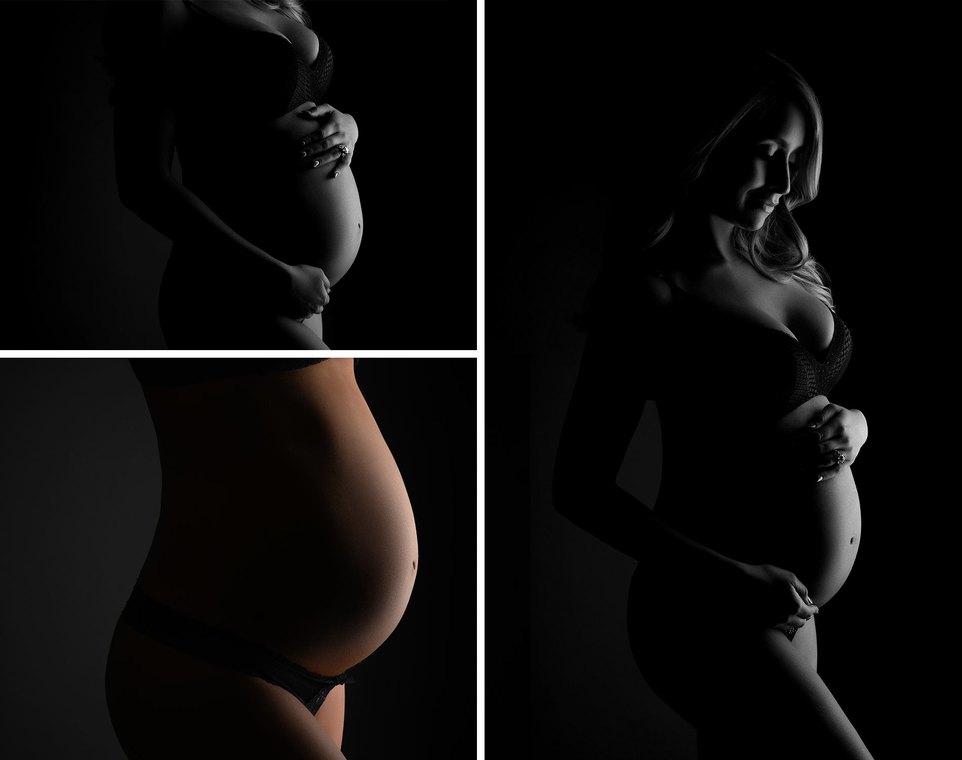 Belly shots of pregnant mama with strip lighting, artistically edited and photographed in our nyc studio