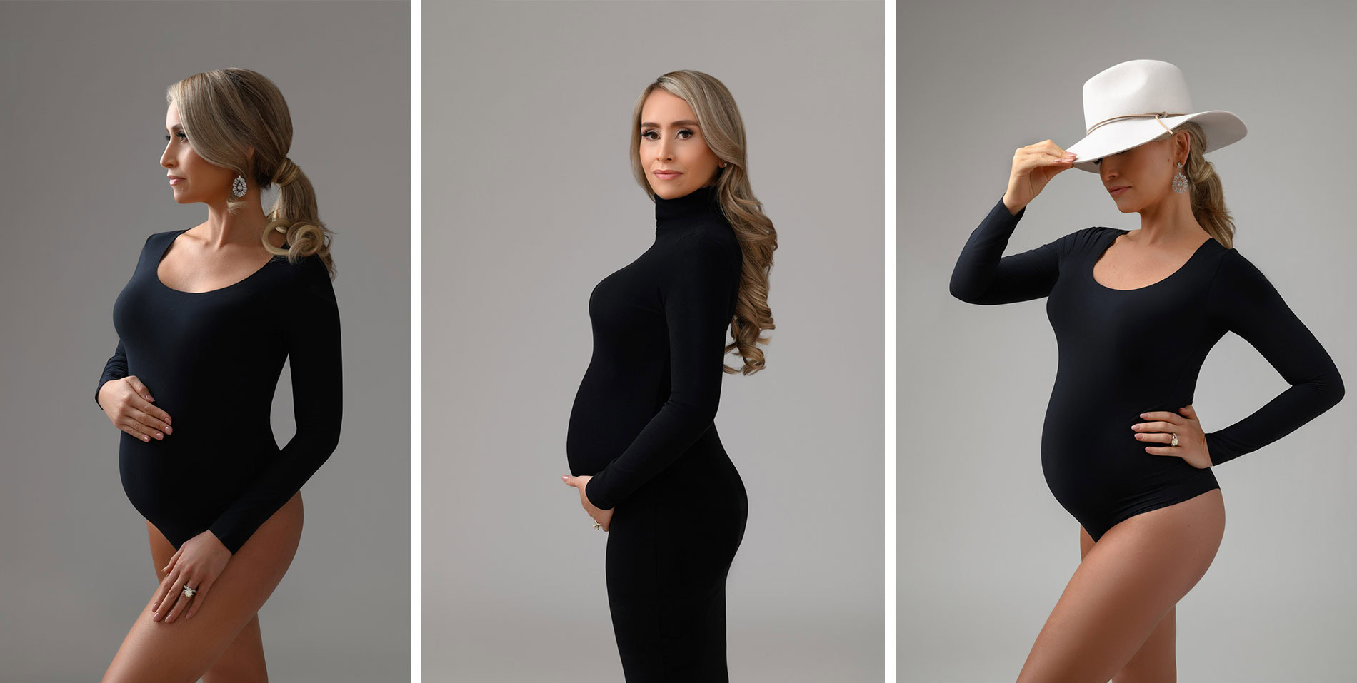 mom in black bodysuit, turtleneck dress and hat 