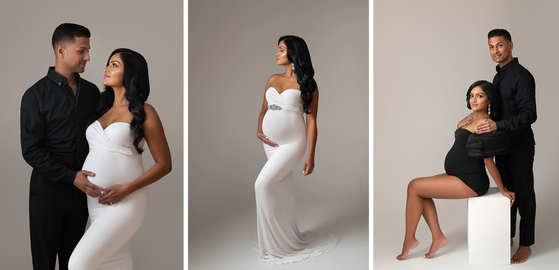 variety of couple shots and solo of mom-to-be with white gown