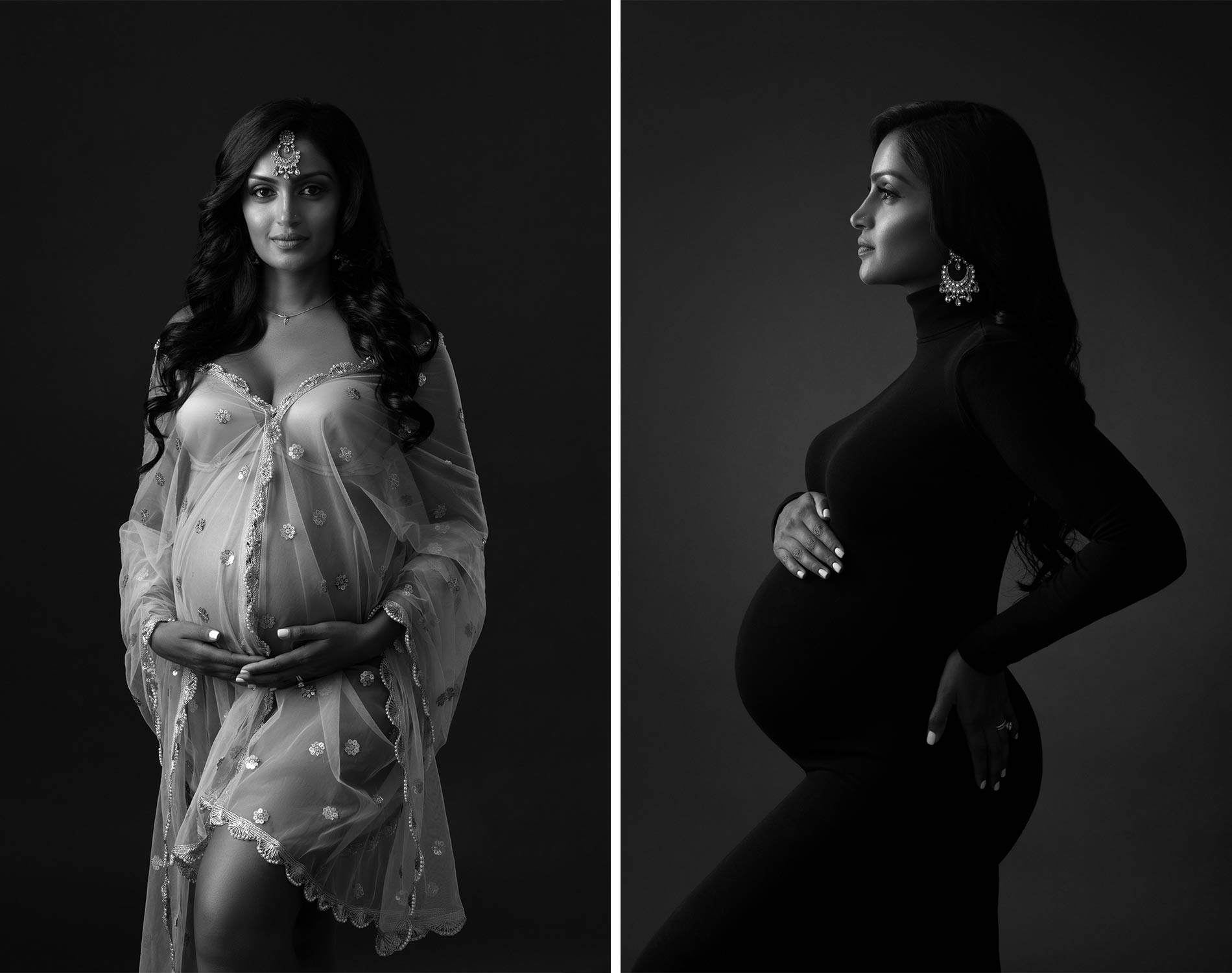 black and white maternity photos in dark backdrop with black turtleneck dress