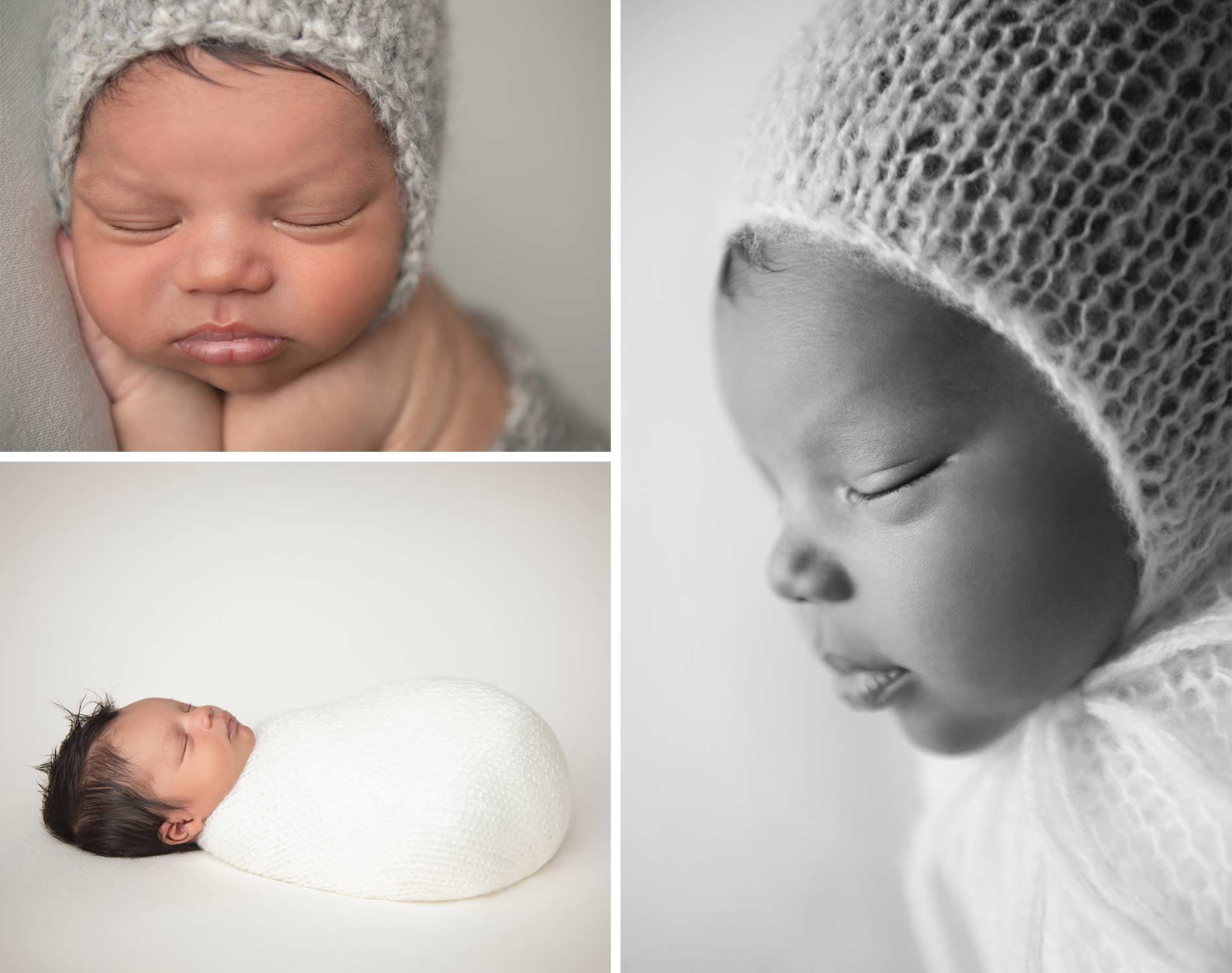 newborn session with white blanket and hat