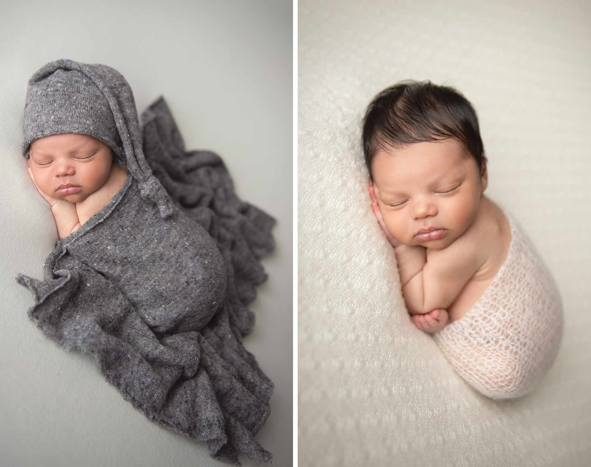newborn wrapped in gray and white blanket