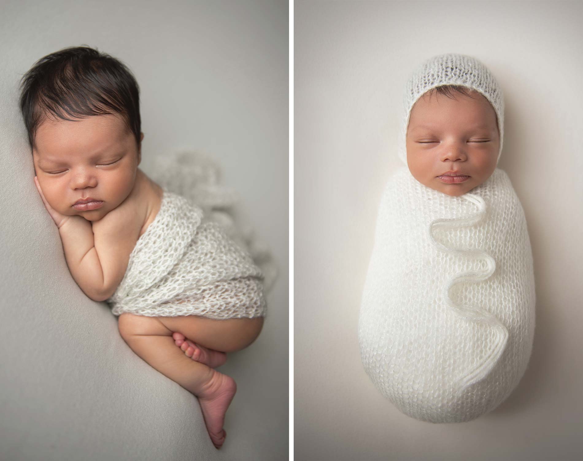 newborn wrapped in different styles of white blanket