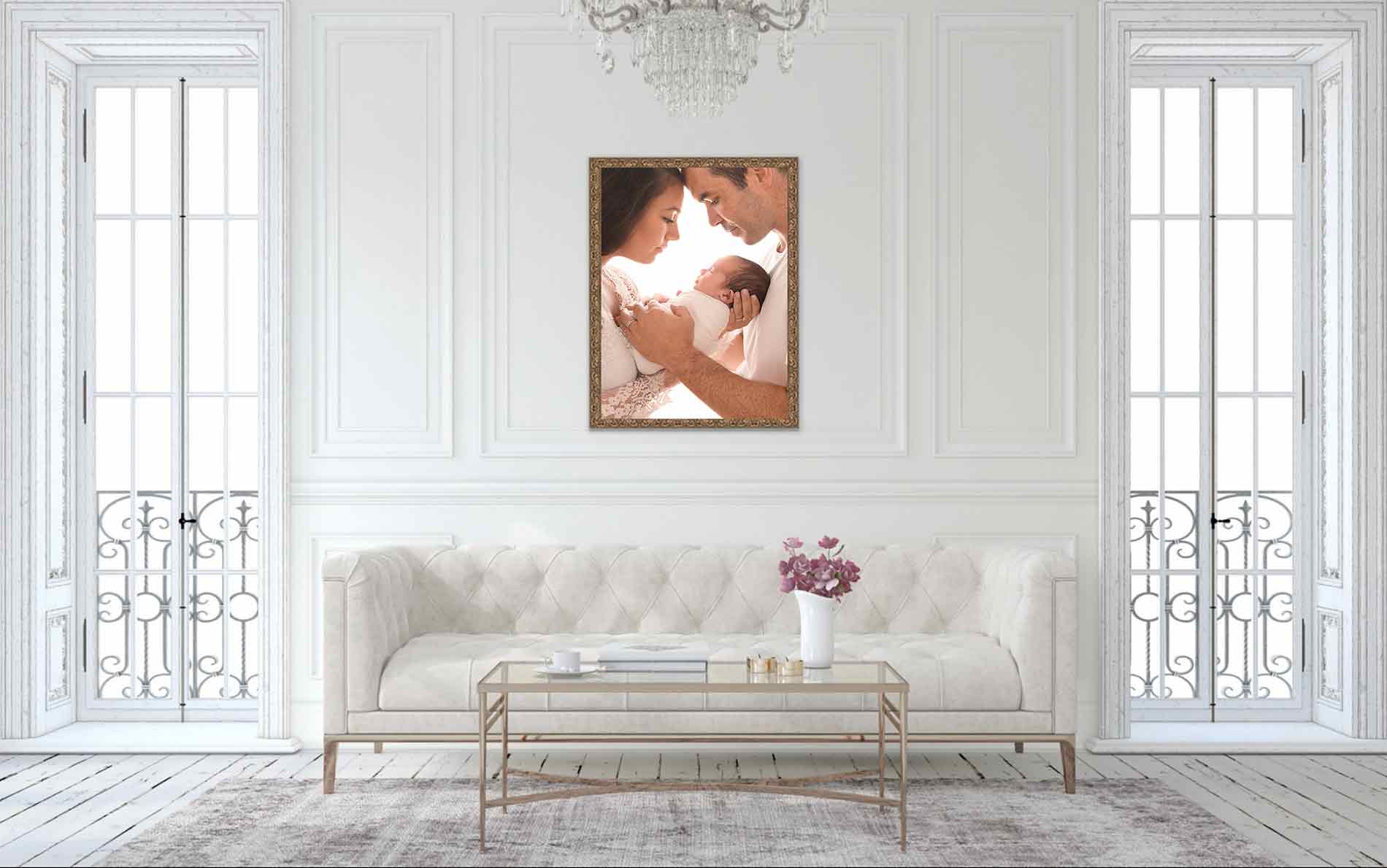 Wall art with a newborn photo in a living room setting