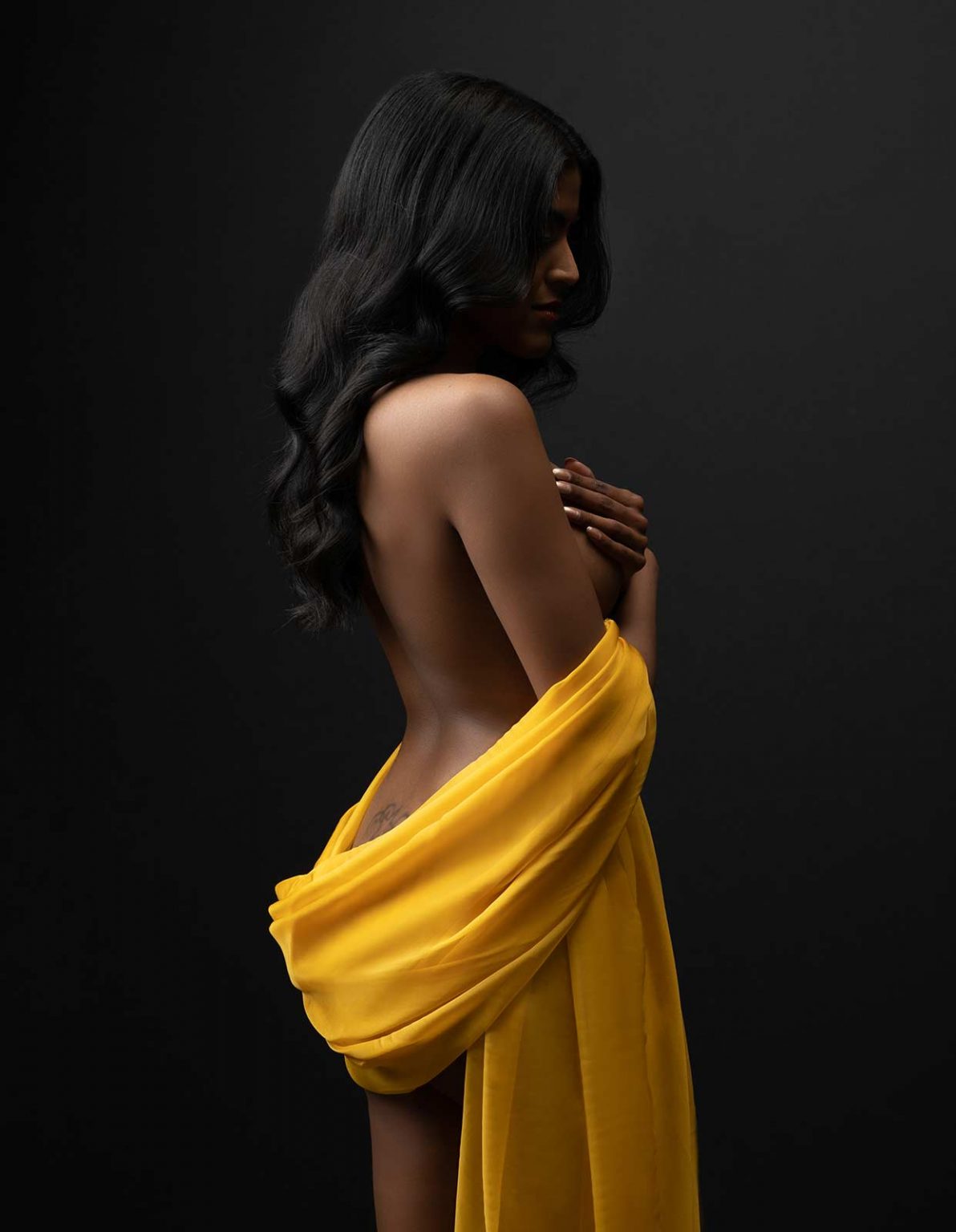 studio boudoir photography yellow draped silk