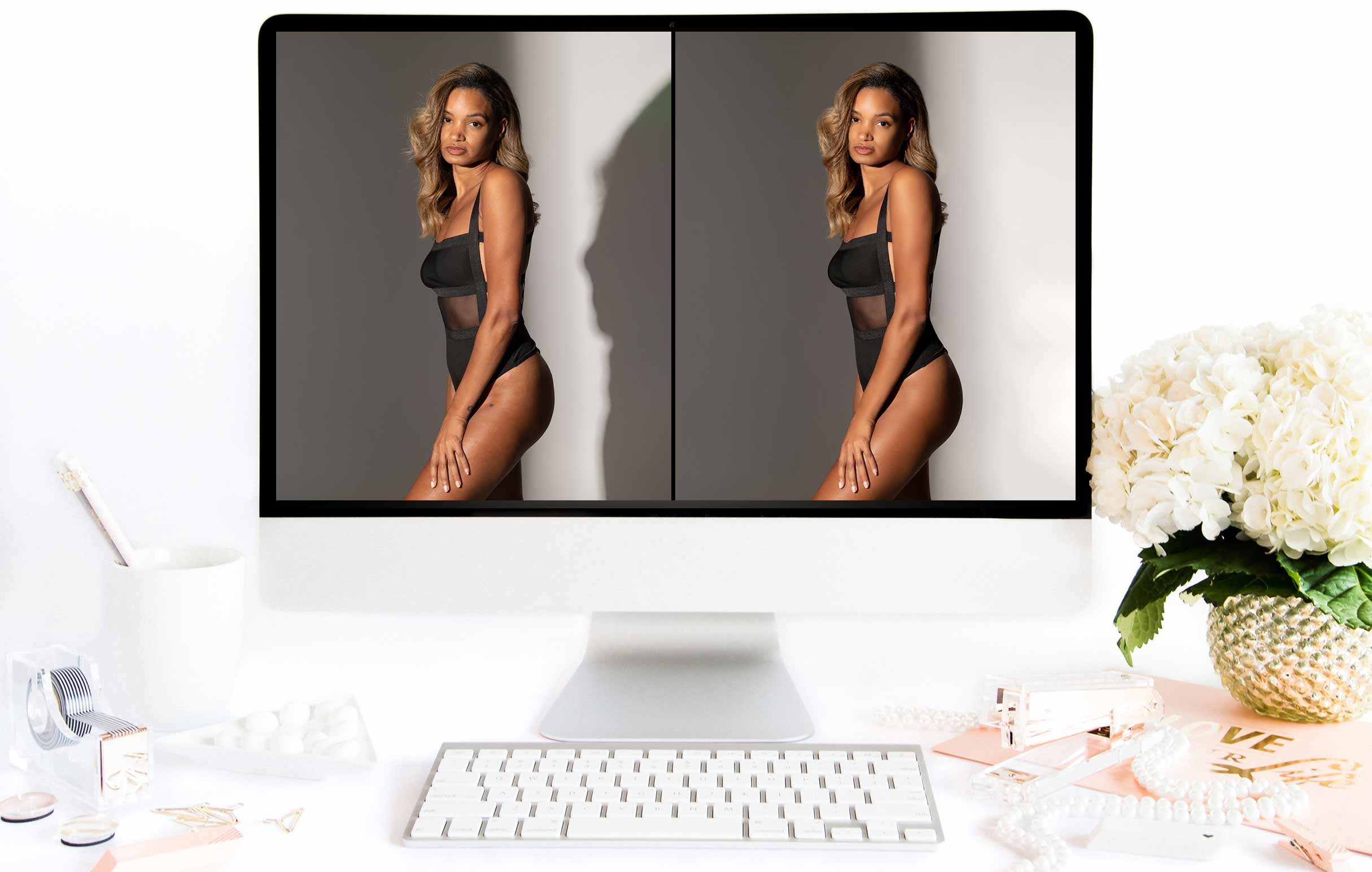 Computer screen showing a before-and-after editing process of glow portraits signature beauty photography style in NYC