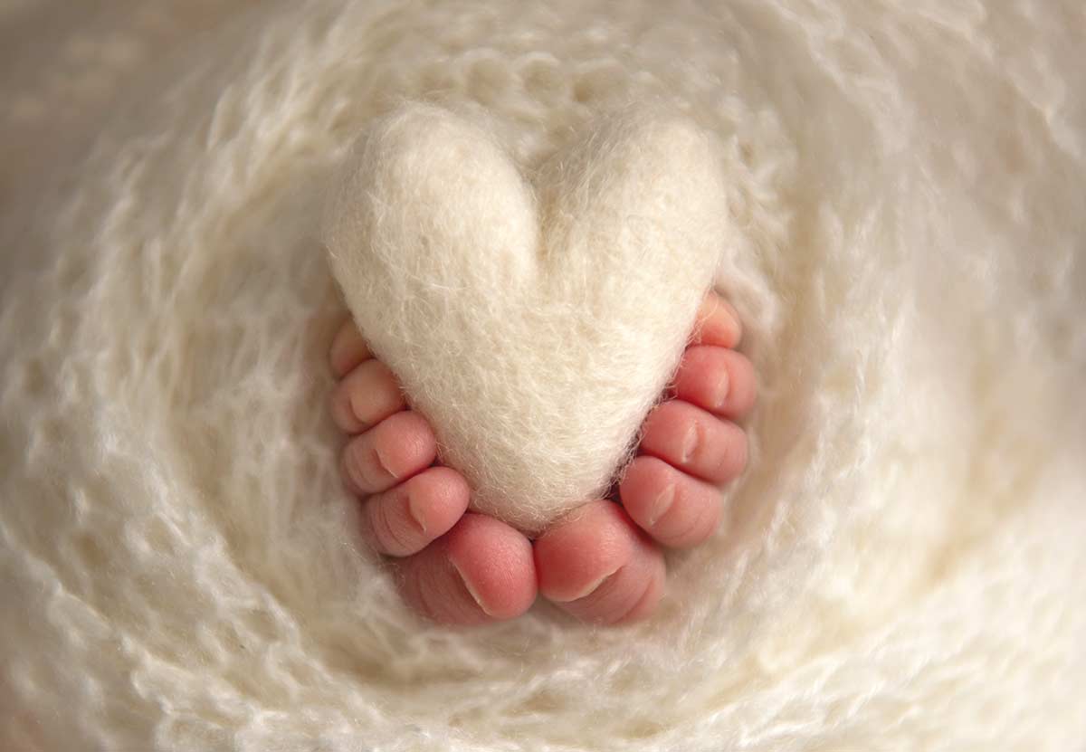 Closeup photo of baby's toes holding a stuffed heart.