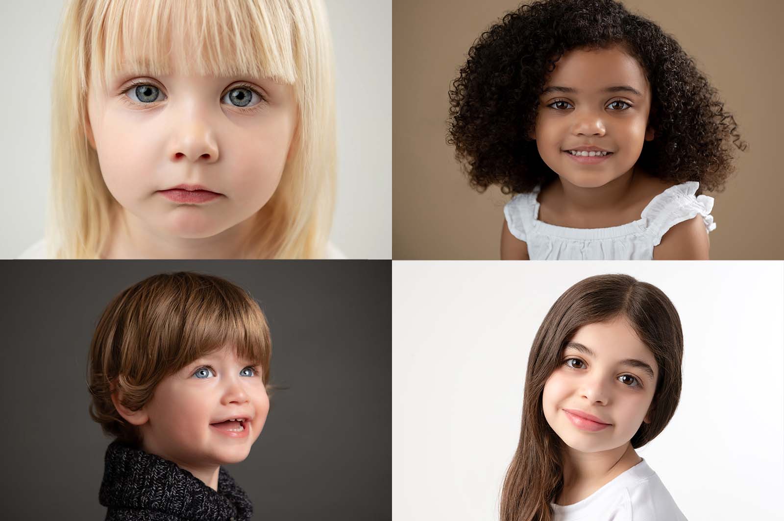 A collage of four children with diverse appearances. The top left shows a blonde girl with blue eyes. Top right features a girl with curly dark hair and a white dress. Bottom left depicts a boy with light brown hair and a black turtleneck. Bottom right displays a girl with long dark hair and a white shirt.