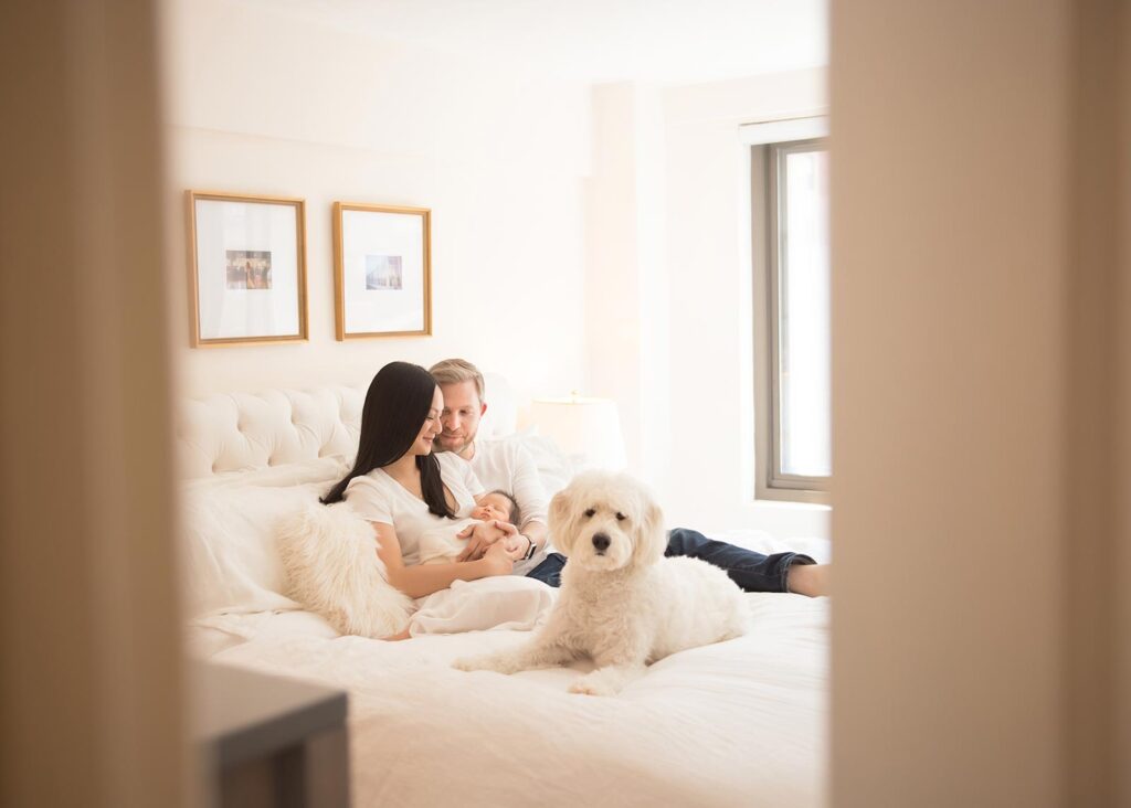A couple sits on a white bed holding their newborn, smiling at each other in this heartwarming family portrait with newborn and a pet. At the foot of the bed, a fluffy white dog looks at the camera as soft natural light fills the bright room.