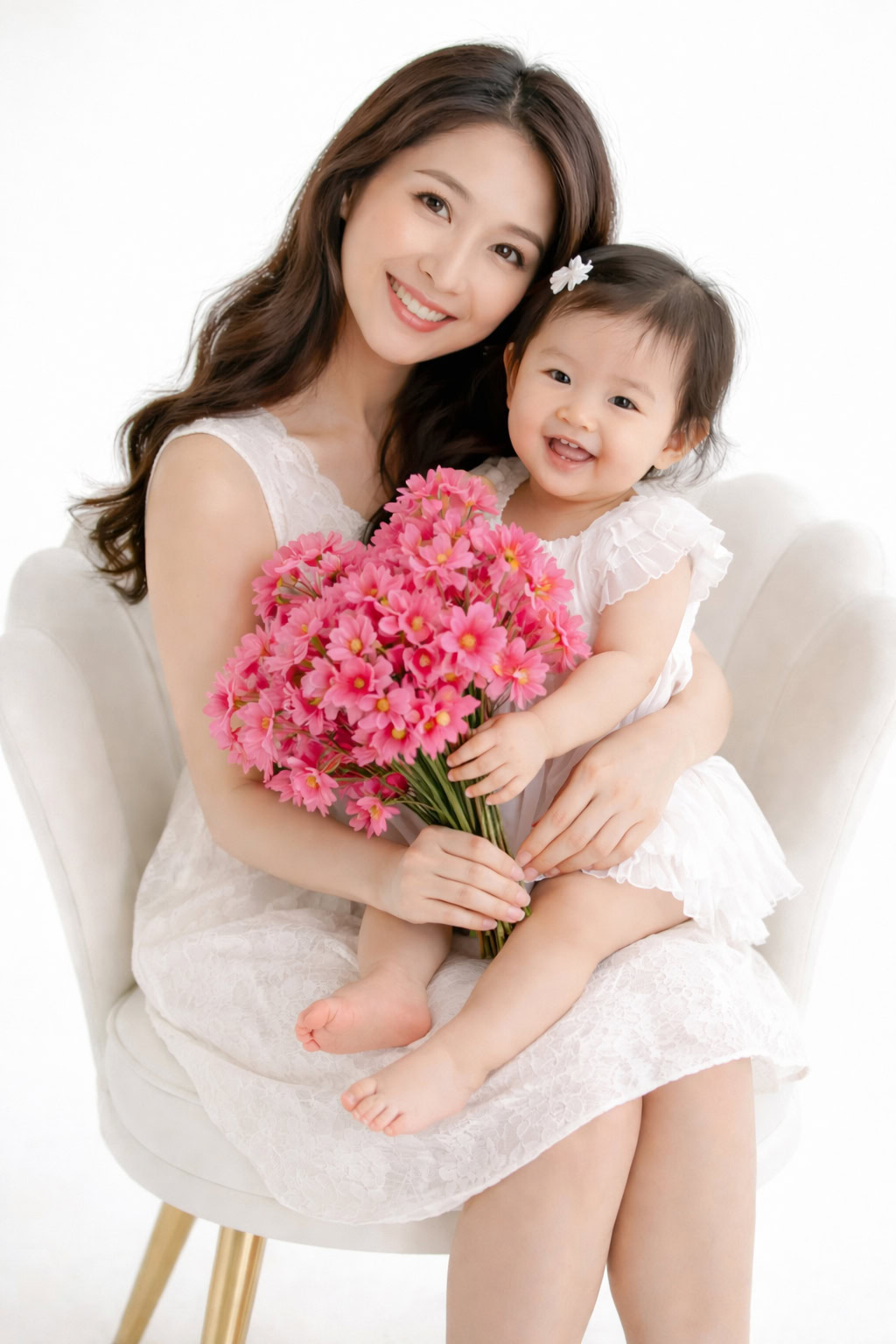 A smiling woman and a young girl in white dresses sit together on a white chair, holding a bouquet of bright pink flowers. They look at the camera, exuding warmth and happiness during their NYC Mother’s Day photoshoot.