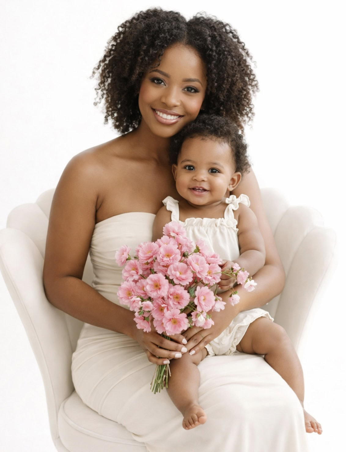 A smiling woman in a strapless dress sits on a white chair, holding a bouquet of pink flowers and a happy toddler on her lap during a baby photo session at Manhattan studio. Both have curly hair and are dressed in light colors, against a white background.