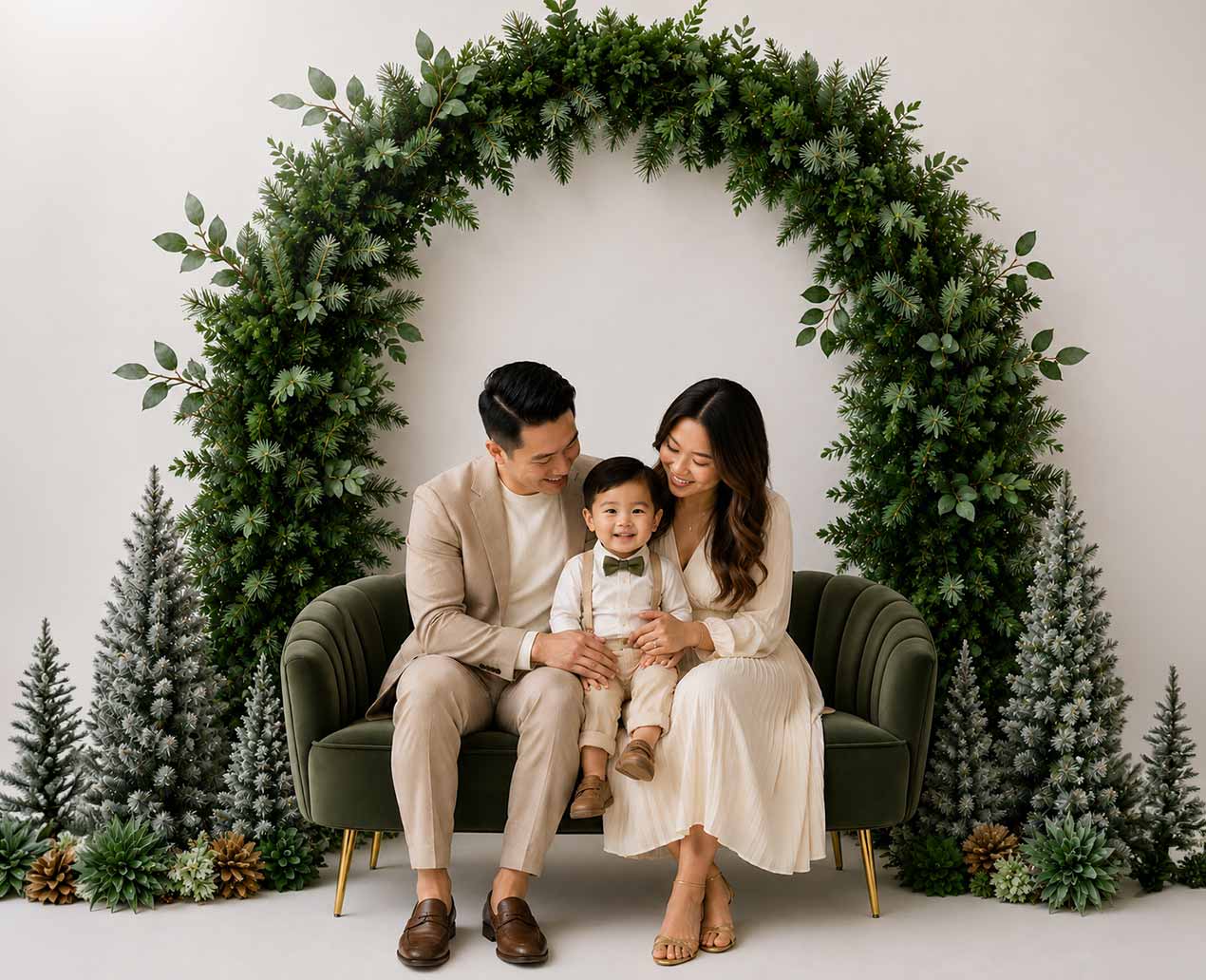 A family of three sits on a green couch, surrounded by pine trees and a large circular greenery arch, smiling together in festive, neutral-toned outfits during their Christmas Holiday Studio Photos.